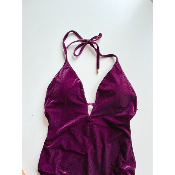 LAUNDRY BY SHELLI SEGAL Purple Velvet Plunge V-Neck One Piece Swimsuit, Size M/L - Picture 4 of 13
